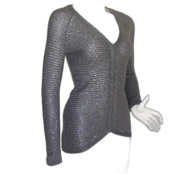 CACHE Sweater, S, Gray, Sequins, Asym hem, Long Raglan sleeves, Lightweight - Picture 2 of 10